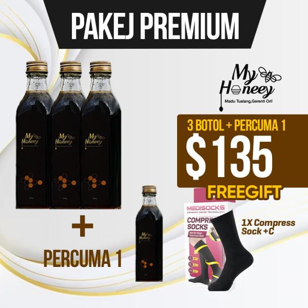 (Madu Tualang) Pakej Premium – 3 Botol + 1 Botol + 1 Pasang Compress Sock